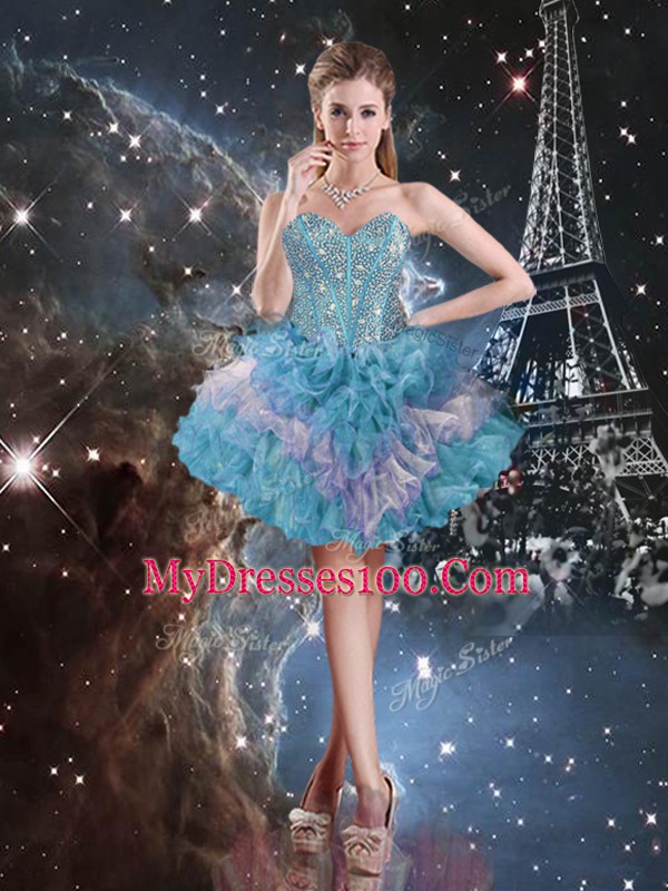 Traditional Multi-color Organza Lace Up Sweet 16 Dresses Sleeveless Floor Length Beading and Ruffled Layers