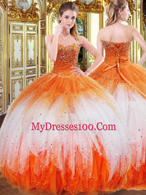 Multi-color Ball Gowns Beading and Ruffles Quince Ball Gowns Lace Up Organza Sleeveless Floor Length