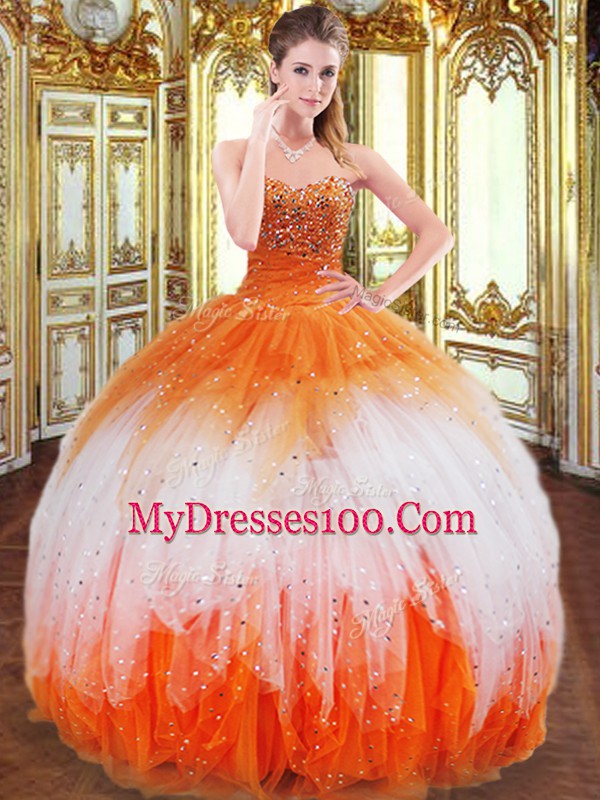 Multi-color Ball Gowns Beading and Ruffles Quince Ball Gowns Lace Up Organza Sleeveless Floor Length