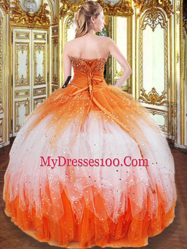 Multi-color Ball Gowns Beading and Ruffles Quince Ball Gowns Lace Up Organza Sleeveless Floor Length