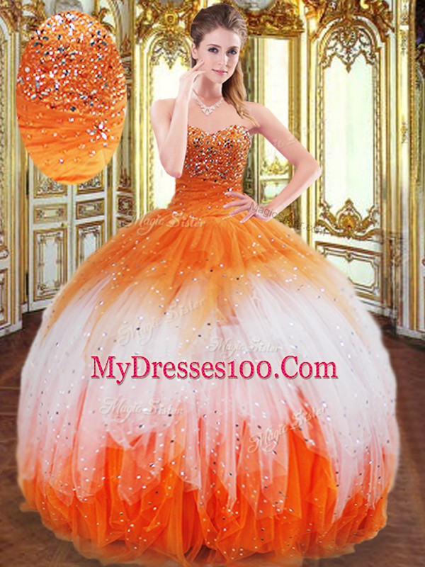 Multi-color Ball Gowns Beading and Ruffles Quince Ball Gowns Lace Up Organza Sleeveless Floor Length