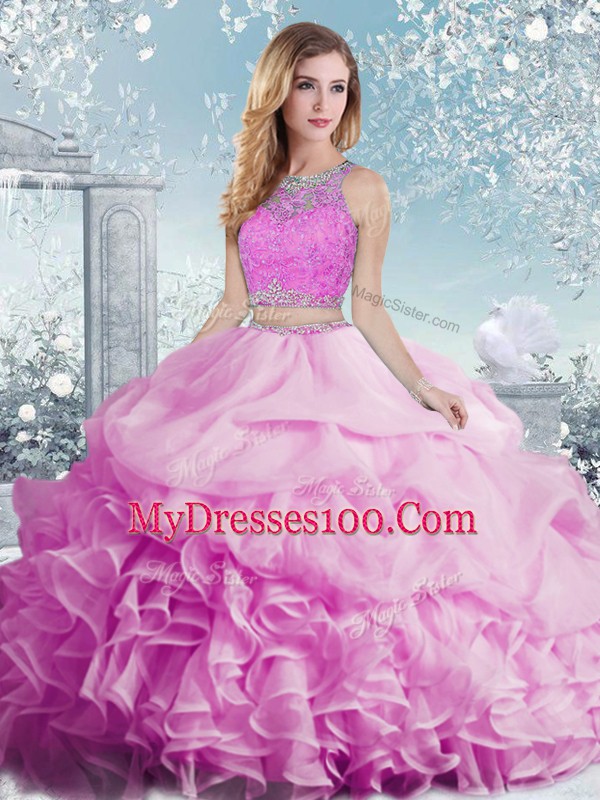Lilac Two Pieces Beading and Ruffles and Pick Ups Sweet 16 Dress Clasp Handle Organza Sleeveless Floor Length