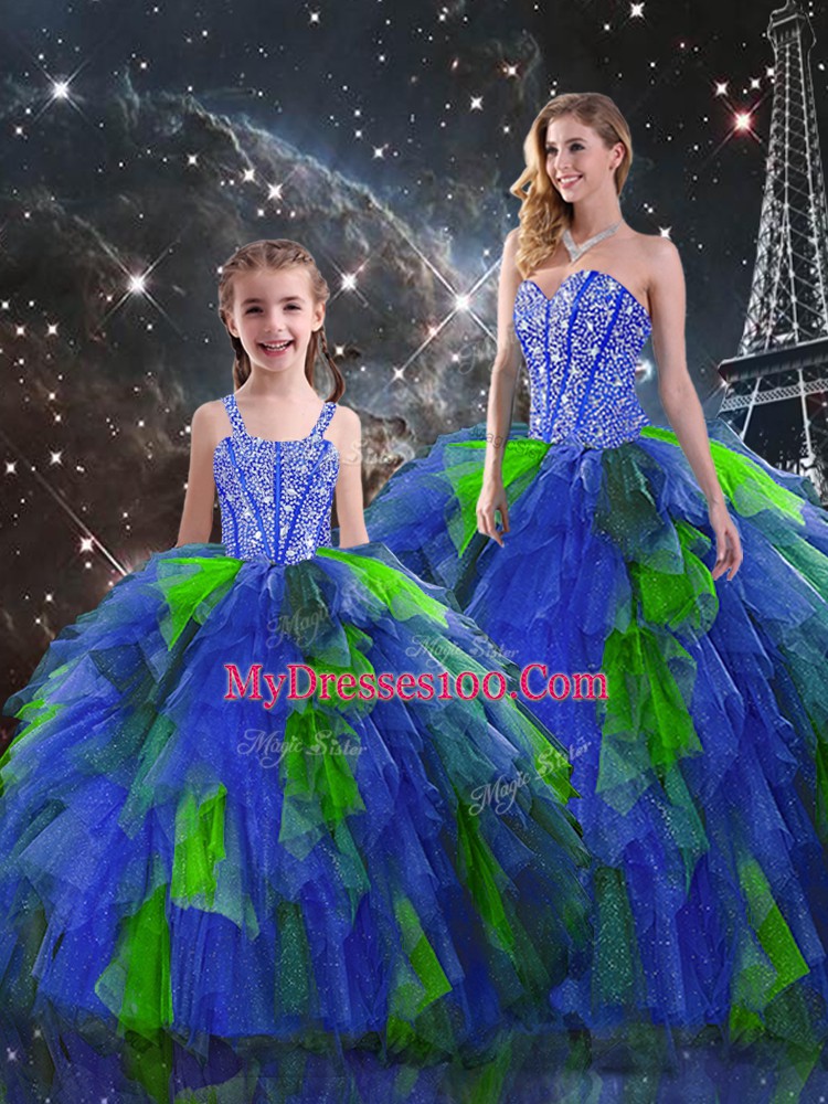 Super Sleeveless Organza Floor Length Lace Up Sweet 16 Quinceanera Dress in Multi-color with Beading and Ruffles