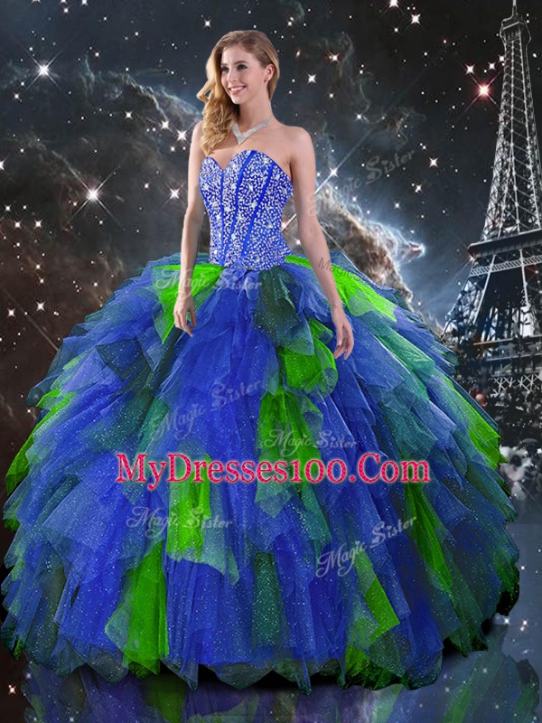 Super Sleeveless Organza Floor Length Lace Up Sweet 16 Quinceanera Dress in Multi-color with Beading and Ruffles