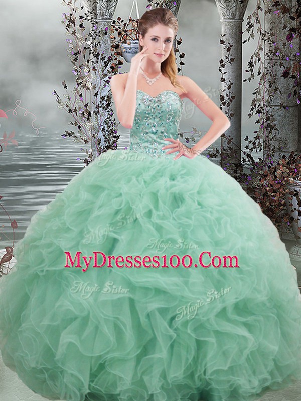 Organza Sweetheart Sleeveless Lace Up Beading and Ruffles Sweet 16 Dresses in Apple Green