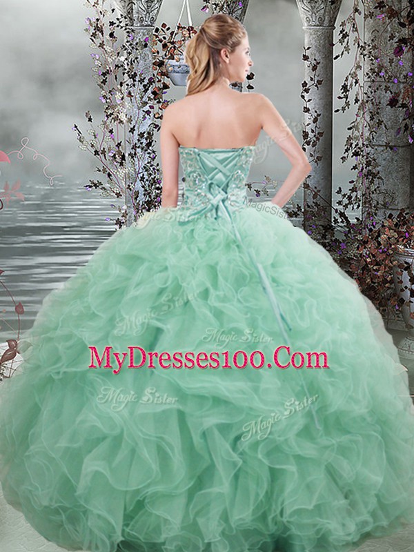 Organza Sweetheart Sleeveless Lace Up Beading and Ruffles Sweet 16 Dresses in Apple Green