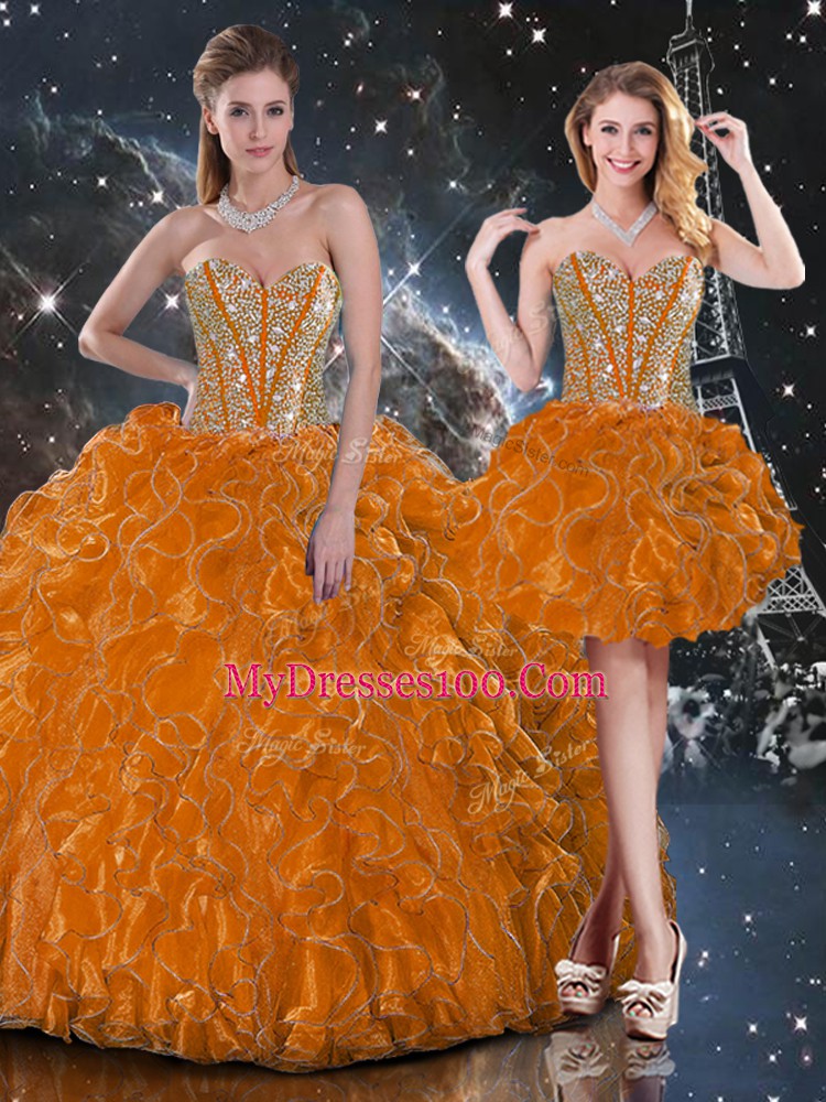 Floor Length Lace Up 15th Birthday Dress Rust Red for Military Ball and Sweet 16 and Quinceanera with Beading and Ruffles