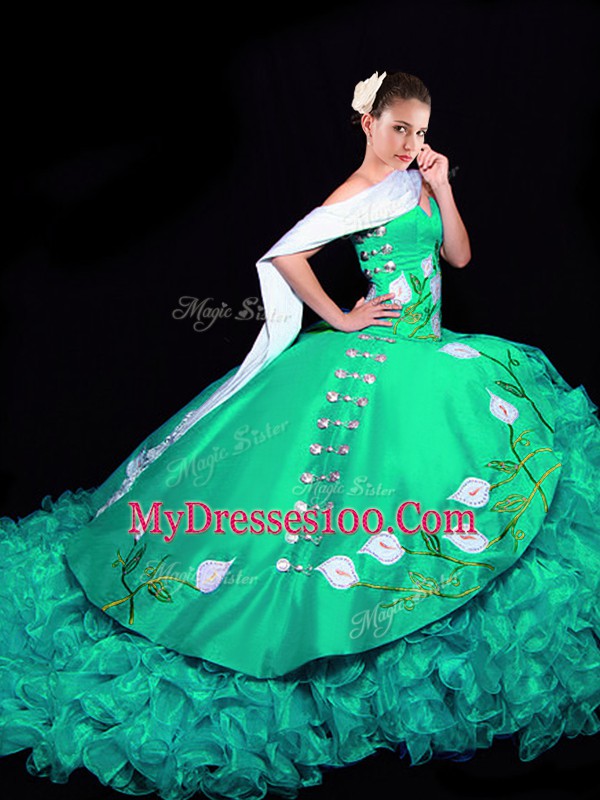 Wonderful Ball Gowns Sleeveless Turquoise Ball Gown Prom Dress Brush Train Lace Up