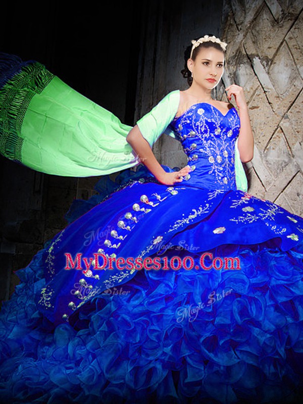 Organza Sweetheart Sleeveless Brush Train Lace Up Embroidery and Ruffles Quinceanera Dresses in Royal Blue