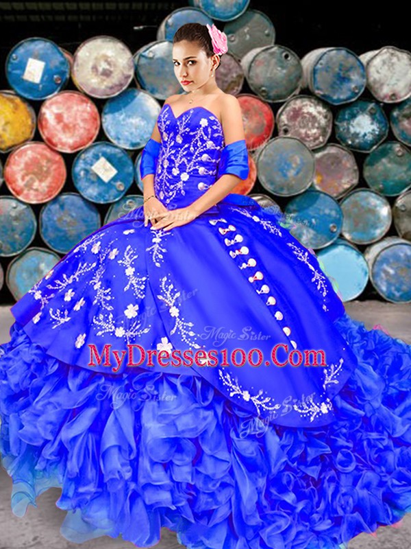 Organza Sweetheart Sleeveless Brush Train Lace Up Embroidery and Ruffles Quinceanera Dresses in Royal Blue