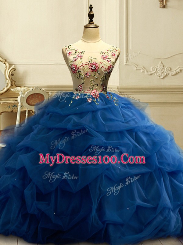 Captivating Navy Blue Organza Lace Up Scoop Sleeveless Floor Length Sweet 16 Quinceanera Dress Appliques and Ruffles and Sequins
