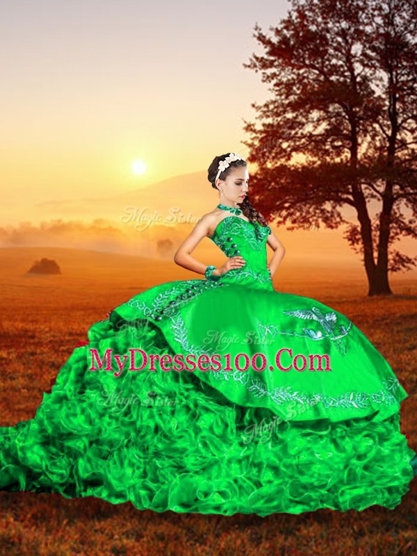 Green Lace Up Sweetheart Embroidery and Ruffles 15th Birthday Dress Organza Sleeveless Brush Train