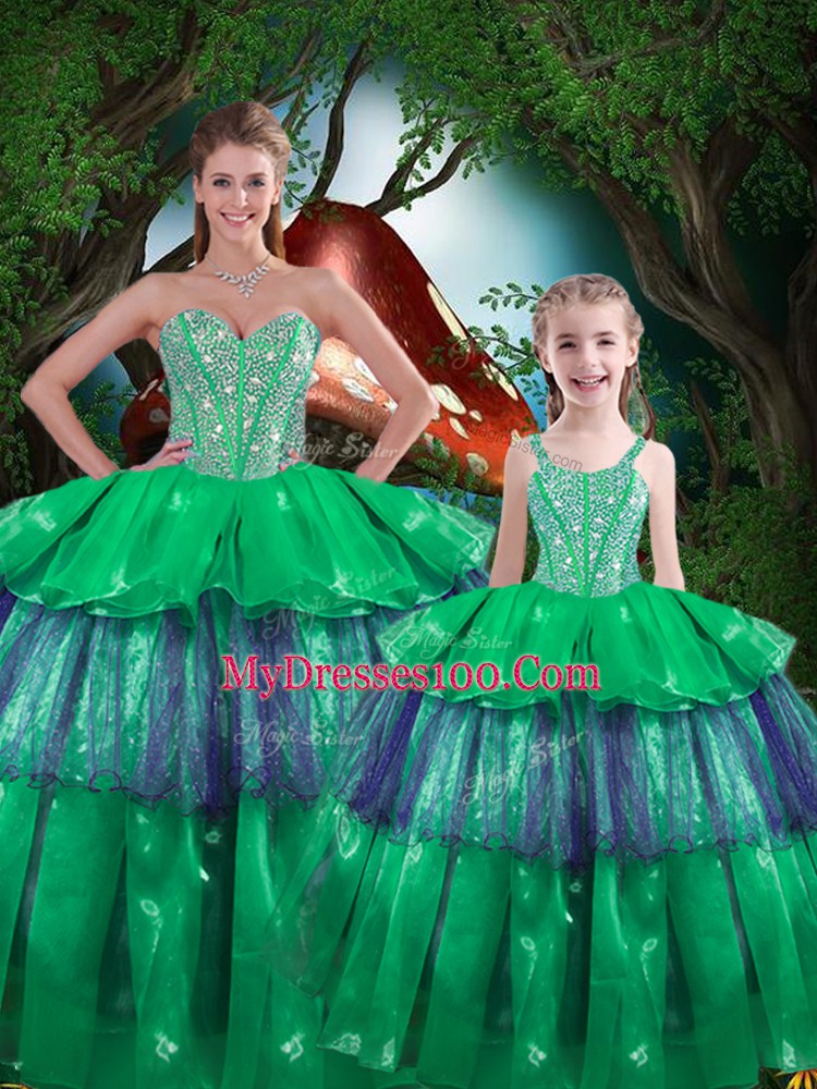 Green Sweet 16 Dress Military Ball and Sweet 16 and Quinceanera with Beading and Ruffled Layers Sweetheart Sleeveless Lace Up