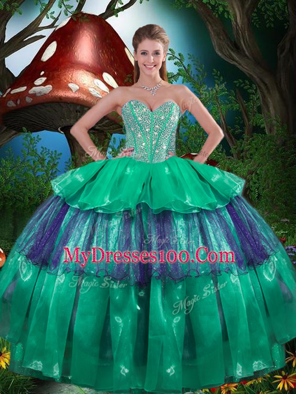 Green Sweet 16 Dress Military Ball and Sweet 16 and Quinceanera with Beading and Ruffled Layers Sweetheart Sleeveless Lace Up