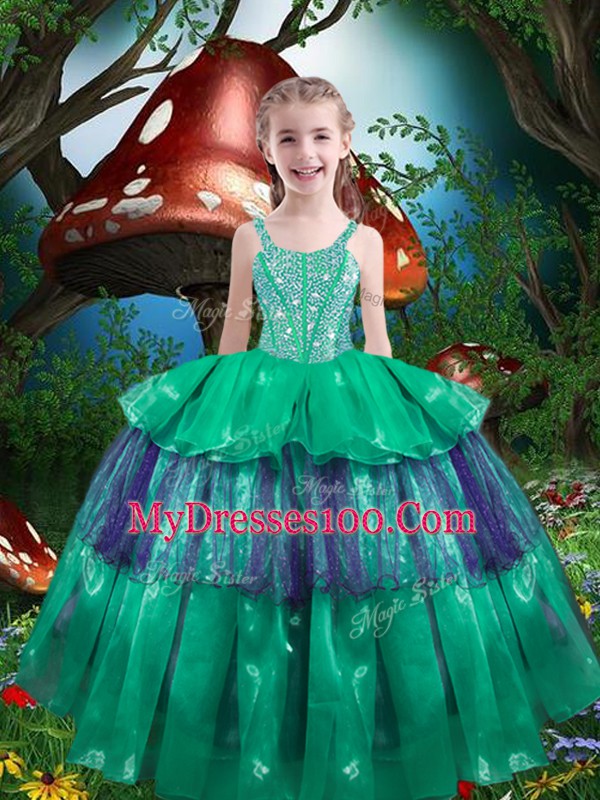 Green Sweet 16 Dress Military Ball and Sweet 16 and Quinceanera with Beading and Ruffled Layers Sweetheart Sleeveless Lace Up