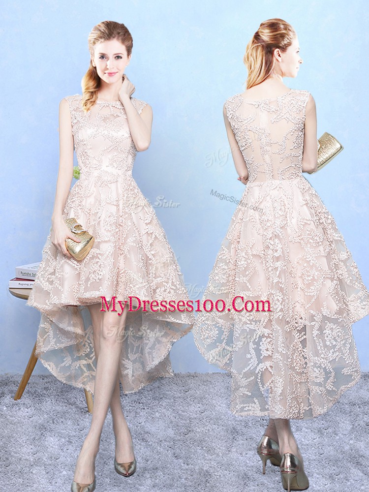 Lace Bridesmaid Dresses Champagne Zipper Sleeveless High Low