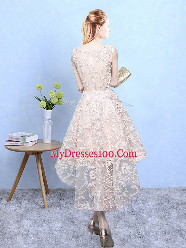 Lace Bridesmaid Dresses Champagne Zipper Sleeveless High Low