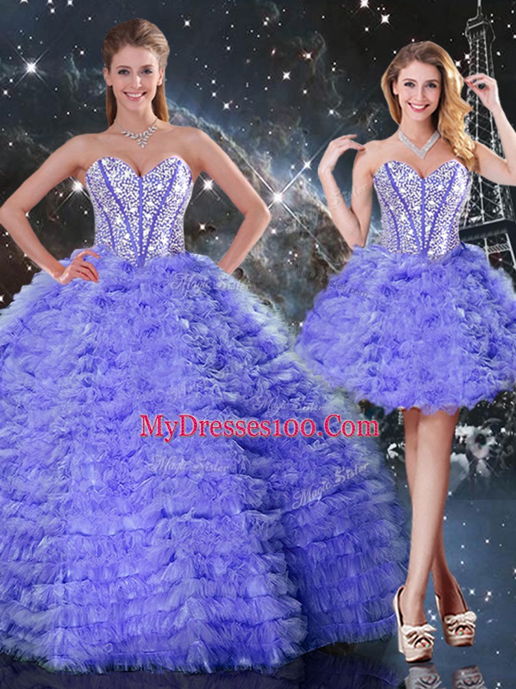 Purple Ball Gowns Embroidery Sweet 16 Dresses Lace Up Organza Sleeveless Floor Length
