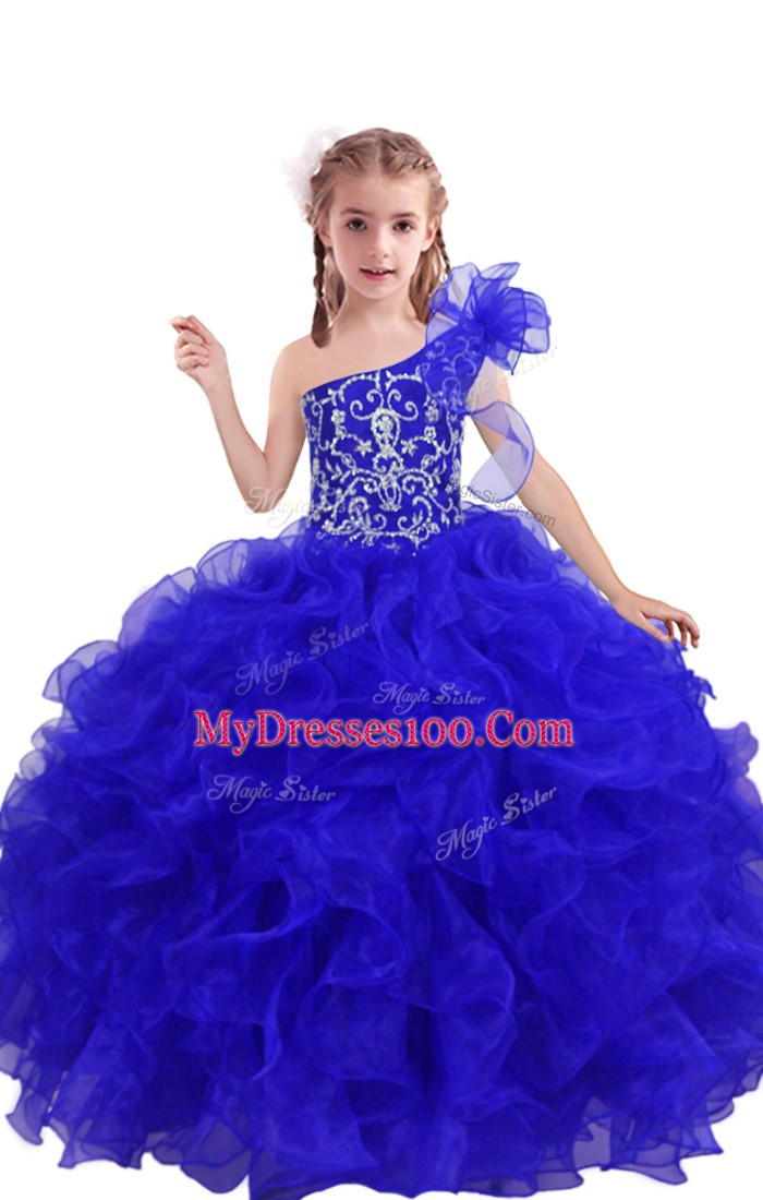 Best Sleeveless Floor Length Beading and Ruffles Lace Up Little Girl Pageant Dress with Royal Blue