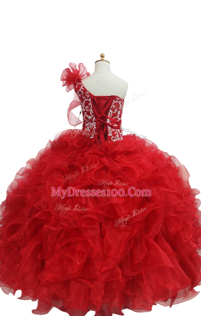 Best Sleeveless Floor Length Beading and Ruffles Lace Up Little Girl Pageant Dress with Royal Blue