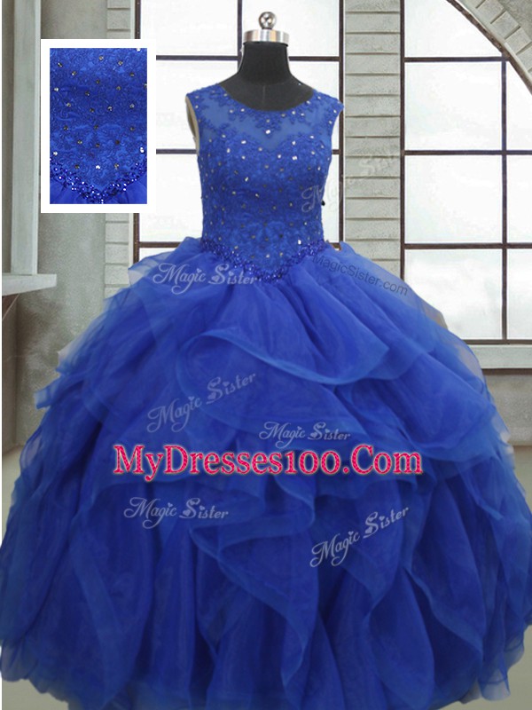 Dazzling Royal Blue Quinceanera Gowns Military Ball and Sweet 16 and Quinceanera with Ruffles and Sequins Bateau Sleeveless Lace Up