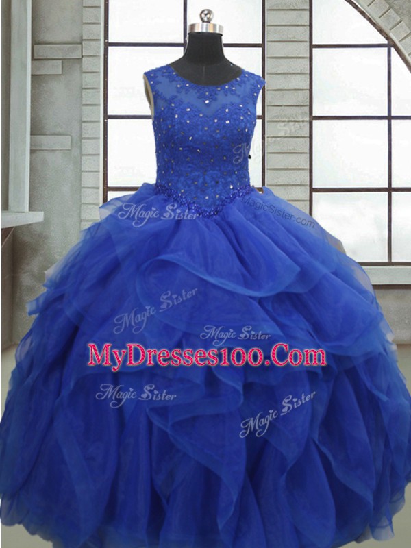 Dazzling Royal Blue Quinceanera Gowns Military Ball and Sweet 16 and Quinceanera with Ruffles and Sequins Bateau Sleeveless Lace Up