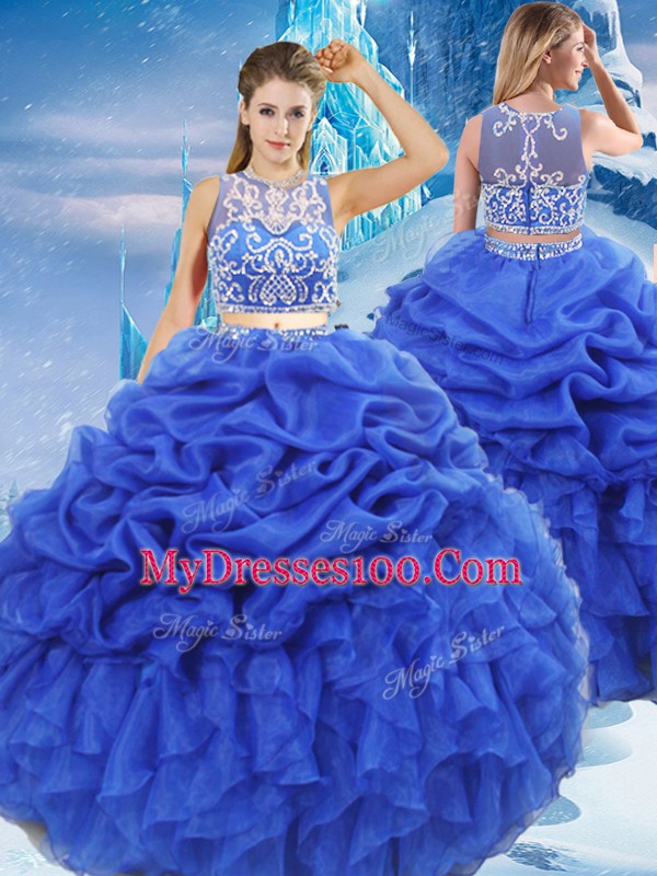 Floor Length Royal Blue Ball Gown Prom Dress Organza Sleeveless Beading and Ruffles and Pick Ups