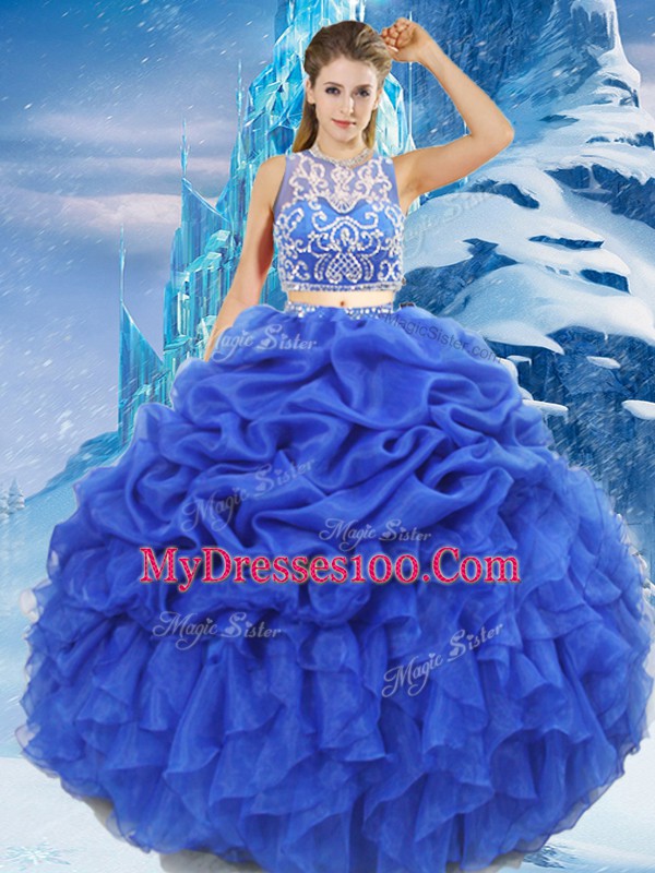 Floor Length Royal Blue Ball Gown Prom Dress Organza Sleeveless Beading and Ruffles and Pick Ups