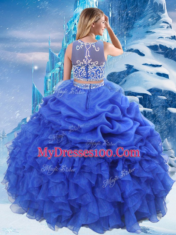 Floor Length Royal Blue Ball Gown Prom Dress Organza Sleeveless Beading and Ruffles and Pick Ups
