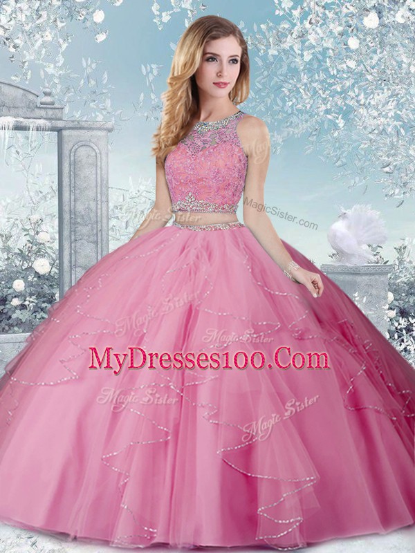 Floor Length Clasp Handle Quinceanera Dresses Rose Pink for Military Ball and Sweet 16 and Quinceanera with Beading