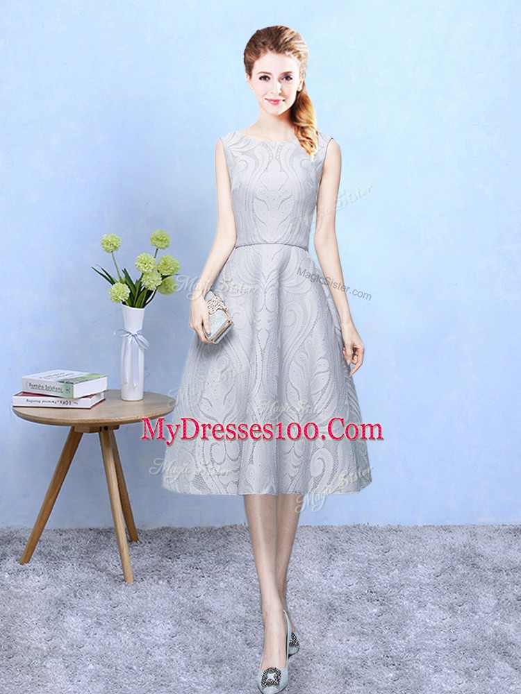 Captivating Lace Scoop Sleeveless Zipper Lace Vestidos de Damas in Grey