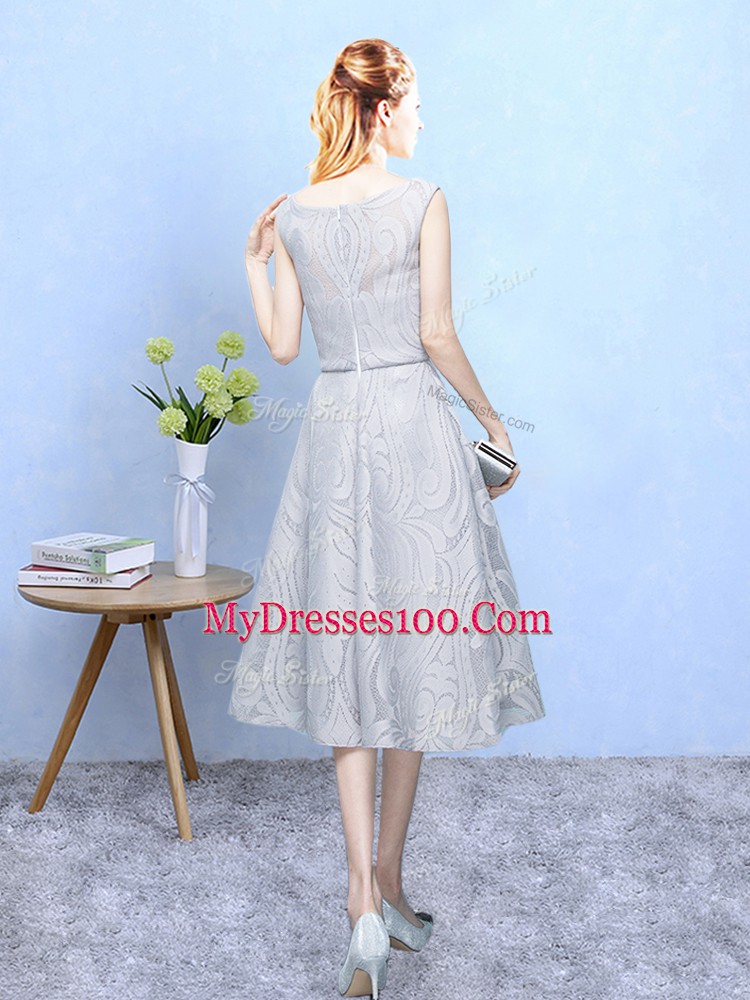 Captivating Lace Scoop Sleeveless Zipper Lace Vestidos de Damas in Grey