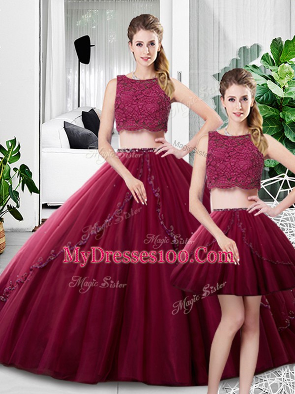Lace and Ruching Ball Gown Prom Dress Fuchsia Zipper Sleeveless Floor Length