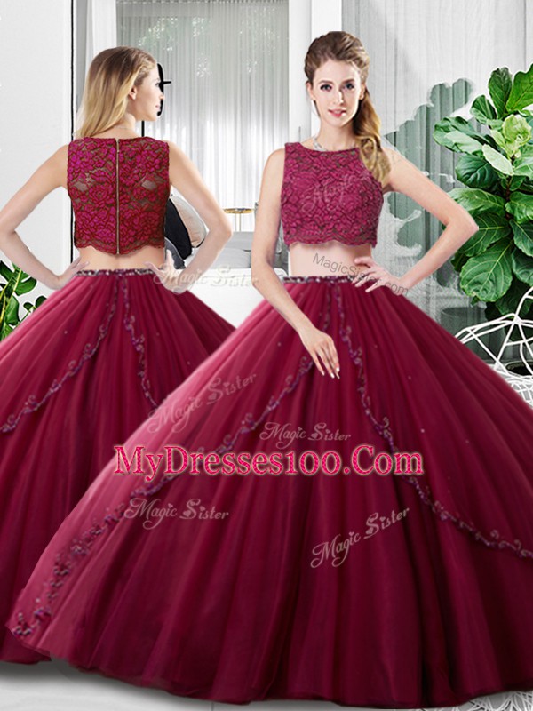 Lace and Ruching Ball Gown Prom Dress Fuchsia Zipper Sleeveless Floor Length