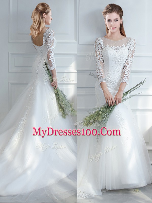 Long Sleeves Tulle Court Train Lace Up Wedding Dress in White with Lace