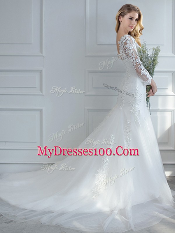 Long Sleeves Tulle Court Train Lace Up Wedding Dress in White with Lace