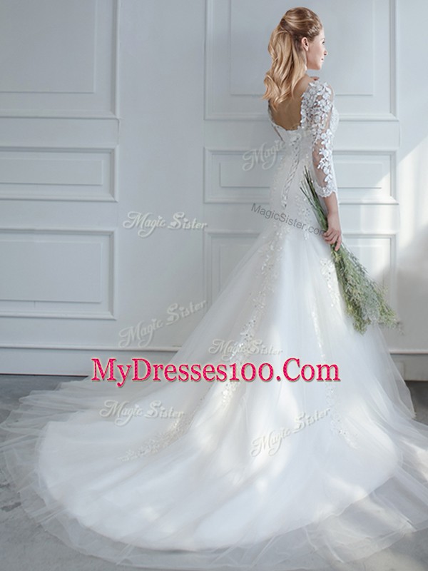 Long Sleeves Tulle Court Train Lace Up Wedding Dress in White with Lace