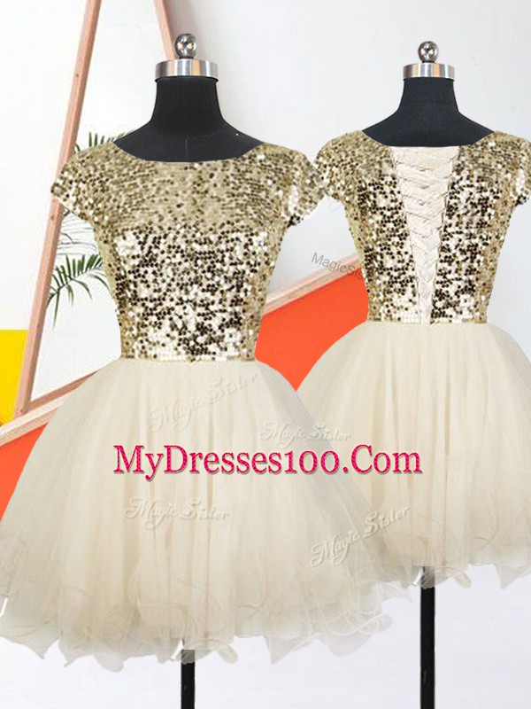 Traditional Champagne Lace Up Scoop Sequins Evening Dress Organza Short Sleeves