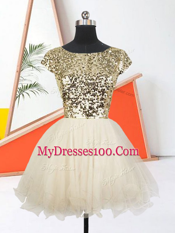 Traditional Champagne Lace Up Scoop Sequins Evening Dress Organza Short Sleeves