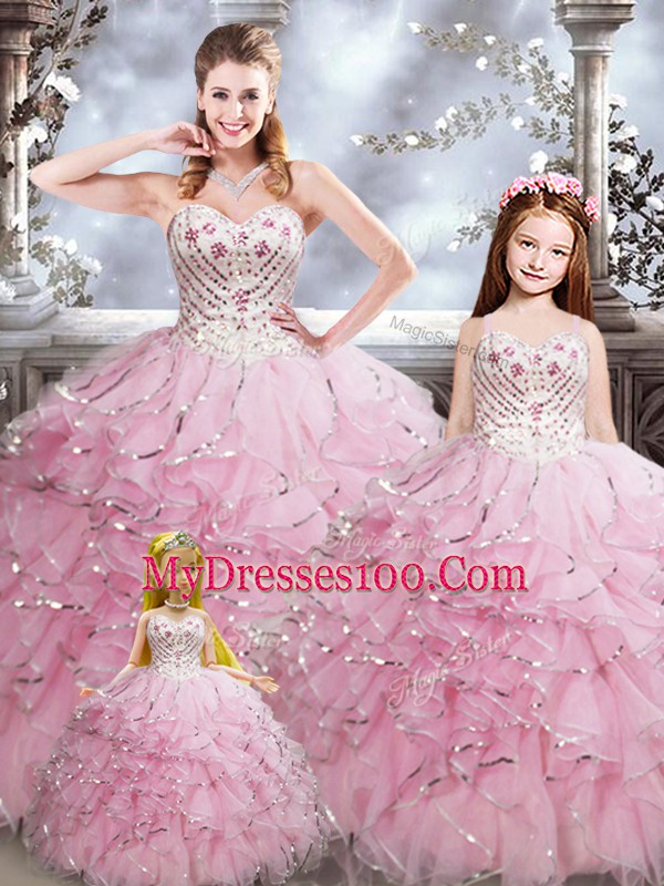 Baby Pink Sweetheart Lace Up Beading and Ruffles Quinceanera Gowns Sleeveless