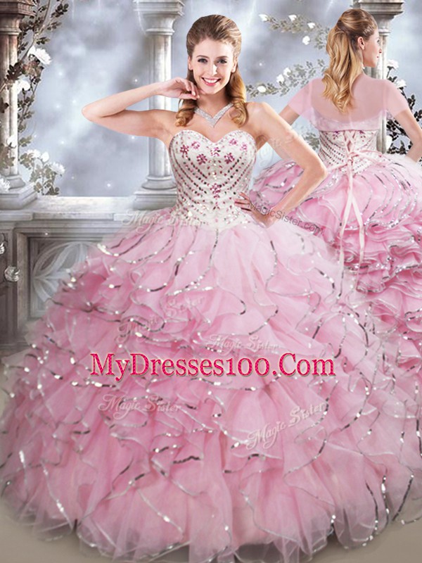 Baby Pink Sweetheart Lace Up Beading and Ruffles Quinceanera Gowns Sleeveless