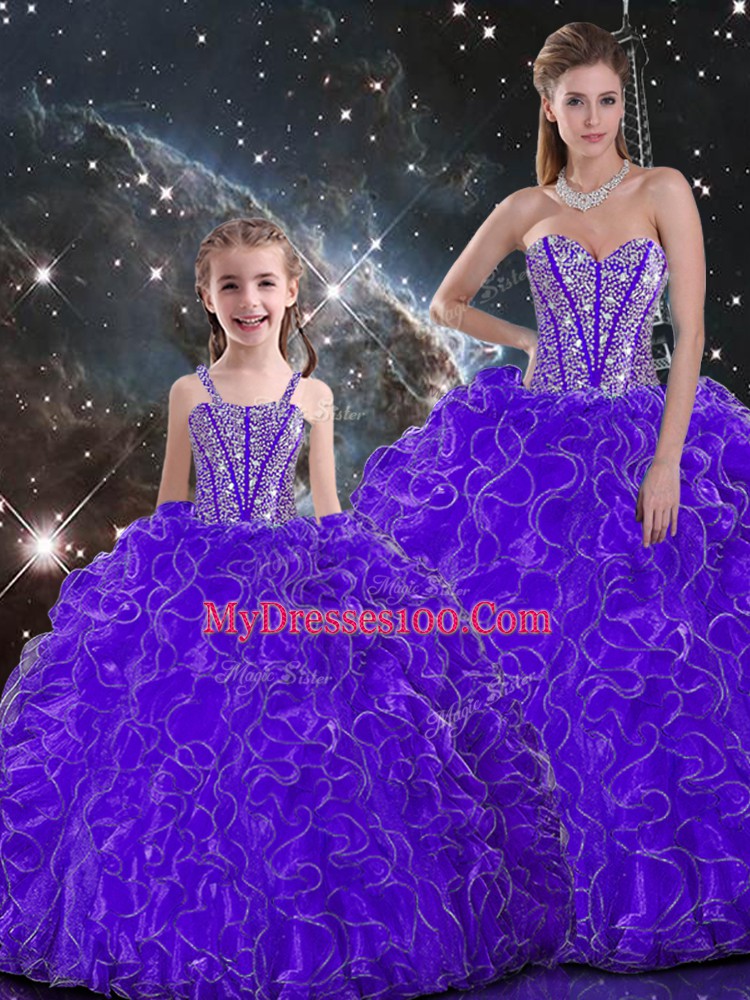 Luxurious Sleeveless Floor Length Beading and Ruffles Lace Up Quinceanera Dress with Purple