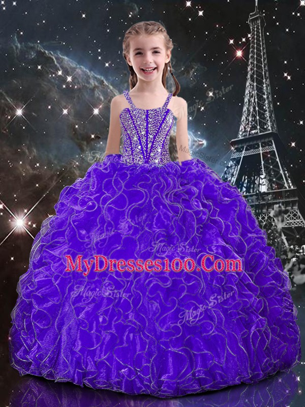 Luxurious Sleeveless Floor Length Beading and Ruffles Lace Up Quinceanera Dress with Purple