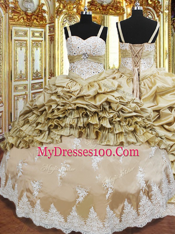 Glamorous Champagne Sleeveless Beading and Appliques and Ruffled Layers and Pick Ups Floor Length Ball Gown Prom Dress