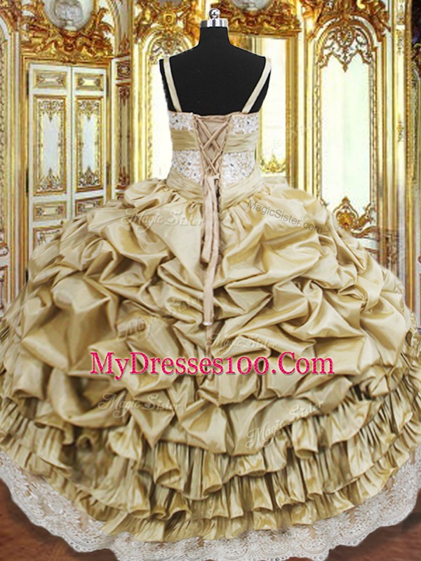 Glamorous Champagne Sleeveless Beading and Appliques and Ruffled Layers and Pick Ups Floor Length Ball Gown Prom Dress