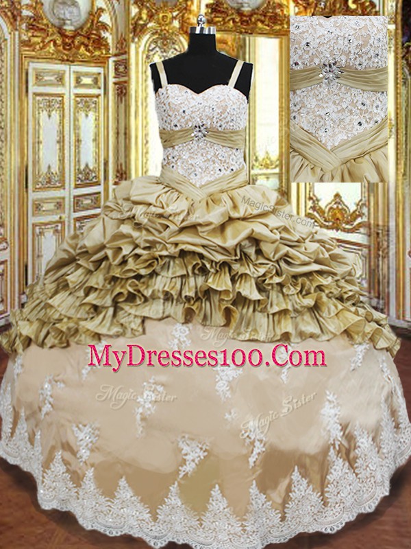 Glamorous Champagne Sleeveless Beading and Appliques and Ruffled Layers and Pick Ups Floor Length Ball Gown Prom Dress