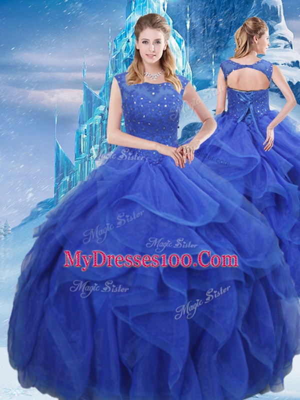 Excellent Royal Blue Sleeveless Ruffles and Sequins Floor Length Quinceanera Gown