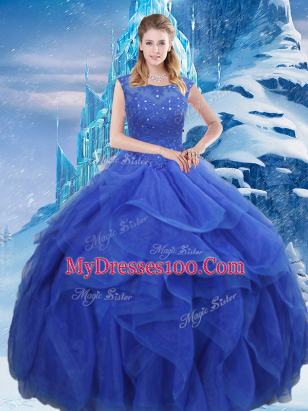 Excellent Royal Blue Sleeveless Ruffles and Sequins Floor Length Quinceanera Gown