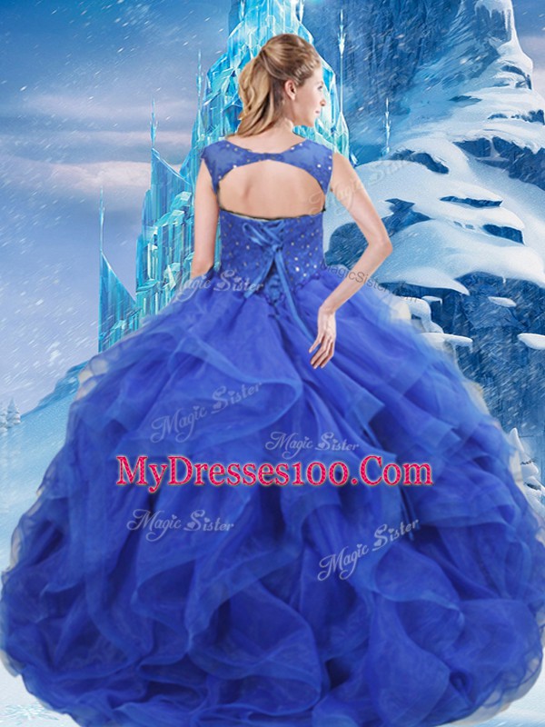 Excellent Royal Blue Sleeveless Ruffles and Sequins Floor Length Quinceanera Gown