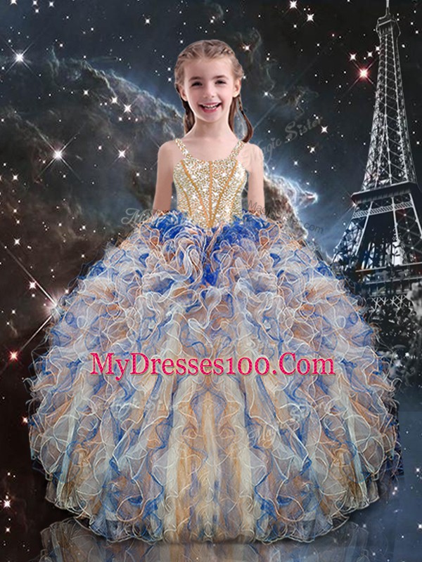 Multi-color Ball Gowns Beading and Ruffles Child Pageant Dress Lace Up Organza Sleeveless Floor Length